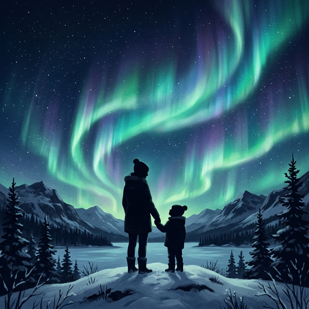 A mother and child under the aurora — the inspiration for Aurora Security