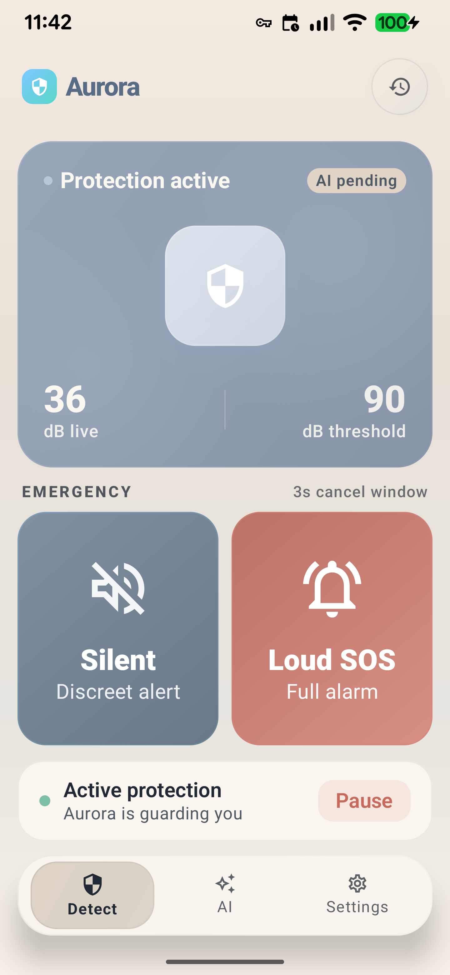 Aurora Detect screen showing protection status, live sound level, and SOS controls